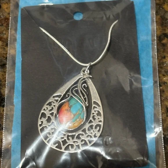 Silver and Turquoise Mosiac Teardrop Pendant Necklace. NWT - Picture 3 of 5